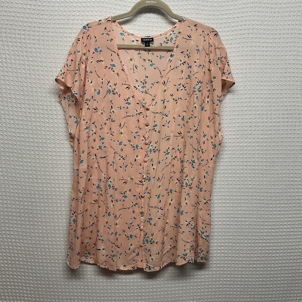 NEW Torrid Floral Challis Button Fit & Flare Blouse Stretch Back Peach 2X Summer